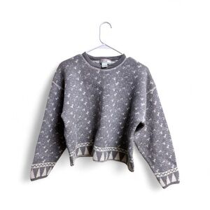 Vintage IZOD Women’s Wool Sweater L Gray White Winter Knit Made in Hong Kong